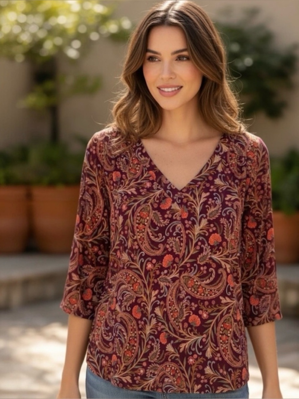 St. John's Bay Burgundy V-Neck Paisley Tunic with Orange Accents
